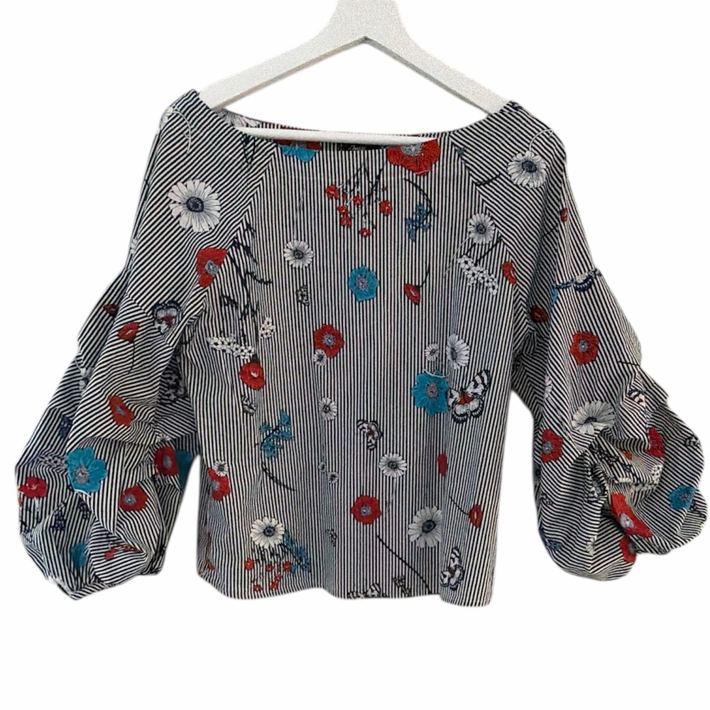 FRIDDA Women Medium Floral Striped Blouse with Puff Sleeves Cotton‎ Blend